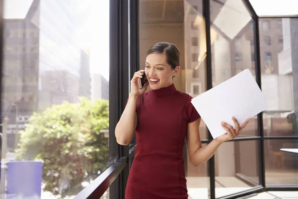 Mujer de negocios en vestido hablando por teléfono —  Fotos de Stock