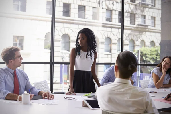 Young businesswoman addressing colleagues — Stock Photo, Image