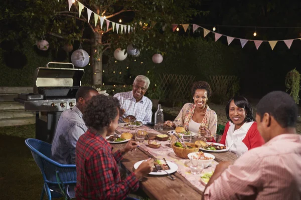 Family enjoying backyard dinner party — Stock Photo, Image