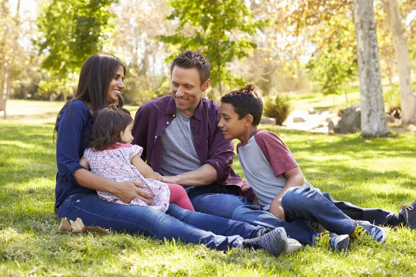 Семья сидит на траве в парке — стоковое фото