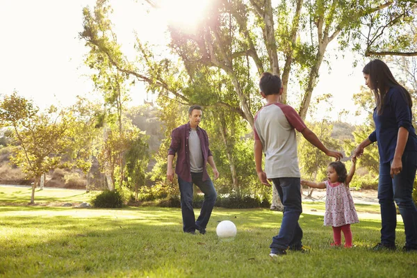 Junge gemischte Rassenfamilie spielt mit Ball im Park, beleuchtet — Stockfoto