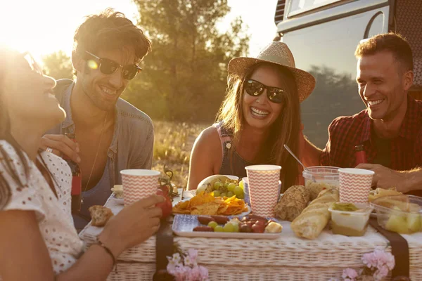 Amici che fanno picnic accanto camper — Foto Stock