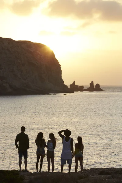 Przyjaciele stojący na klifie oglądając zachód słońca — Zdjęcie stockowe