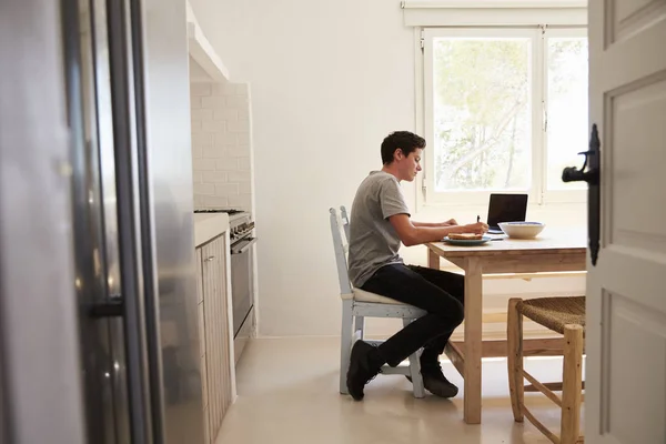 Menino estudando em uma cozinha — Fotografia de Stock