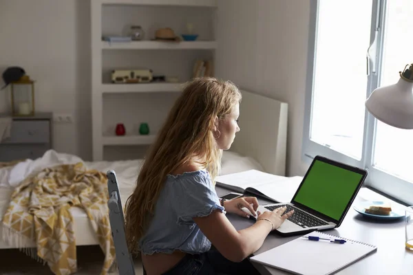 Дівчина-підліток використовує ноутбук — стокове фото