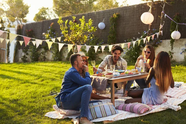 Amici che si godono un picnic in cortile — Foto Stock