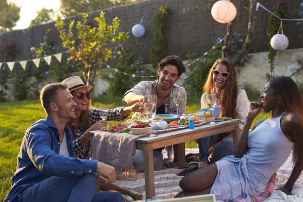 Amici che si godono un picnic in cortile — Foto Stock