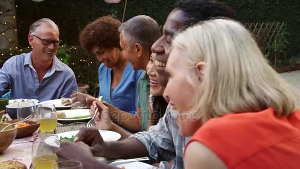 Freunde genießen Essen im Freien — Stockvideo