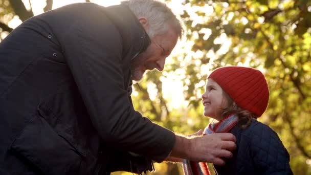 Grand-père attachant l'écharpe de la petite-fille — Video