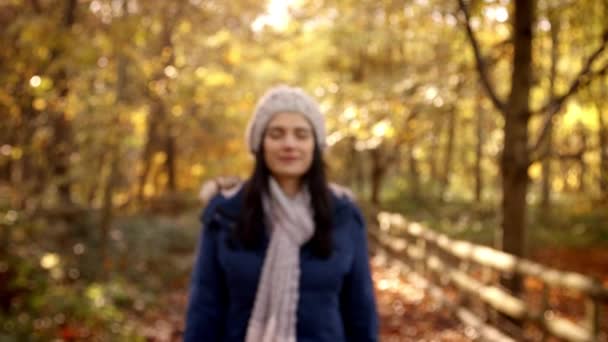 Mulher em passeio no campo de outono — Vídeo de Stock