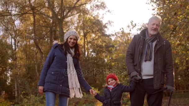 Rodina vejít na podzim krajina — Stock video