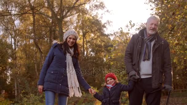 Caminhada em família na paisagem da queda — Vídeo de Stock