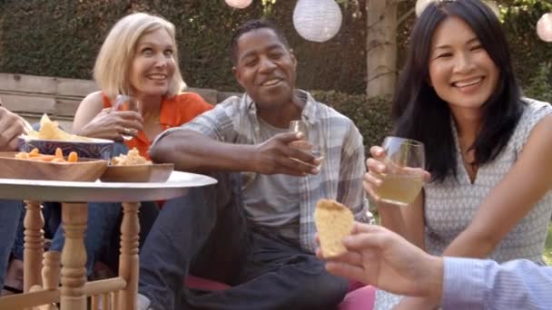 Amigos disfrutando de picnic en el patio trasero — Vídeo de stock