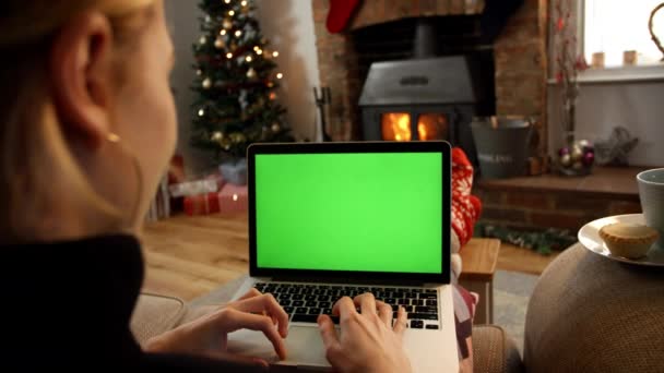 Mujer en línea con el ordenador portátil — Vídeos de Stock
