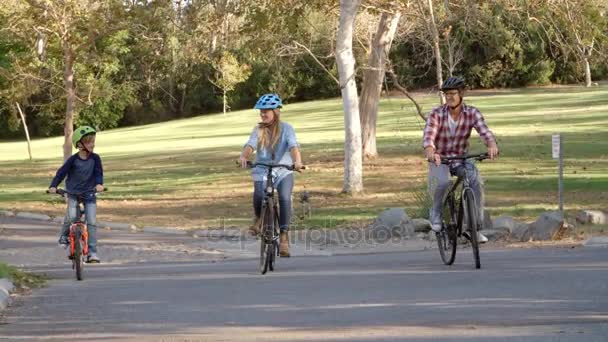 父母和儿子在公园里骑自行车 — 图库视频影像