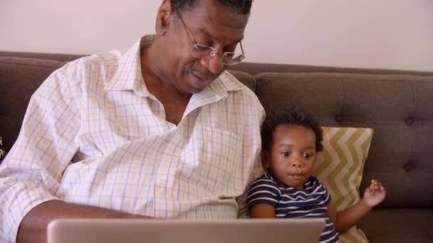 Abuelo y nieto usando laptop — Vídeo de stock