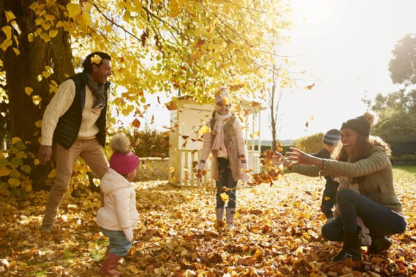 Aile ile Sonbahar oynamak yaprakları Stok Resim