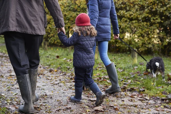 Familie geht mit Hund spazieren — Stockfoto