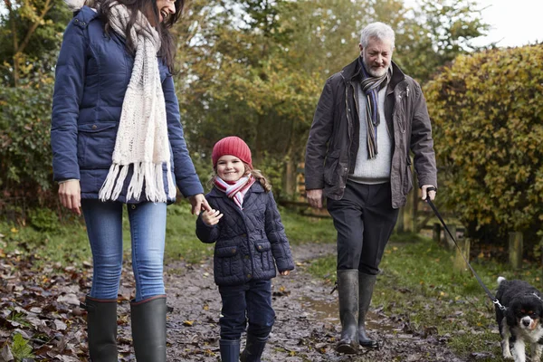 Famiglia prendere cane per passeggiata — Foto Stock