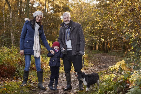 Família levar cão para caminhar — Fotografia de Stock