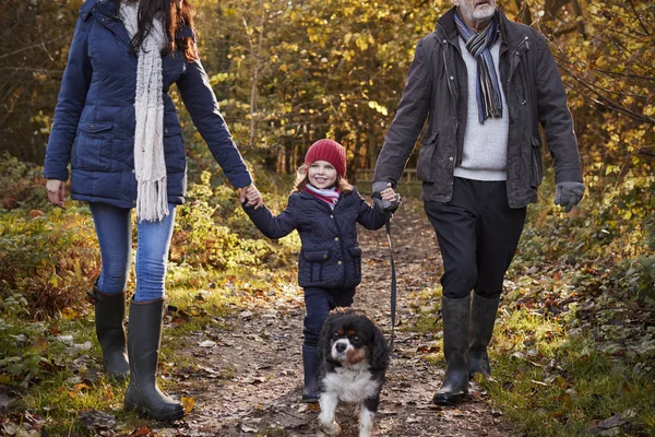 Familie geht mit Hund spazieren — Stockfoto