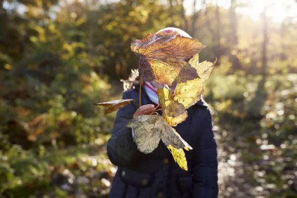 Jeune fille jouant avec des feuilles — Photo