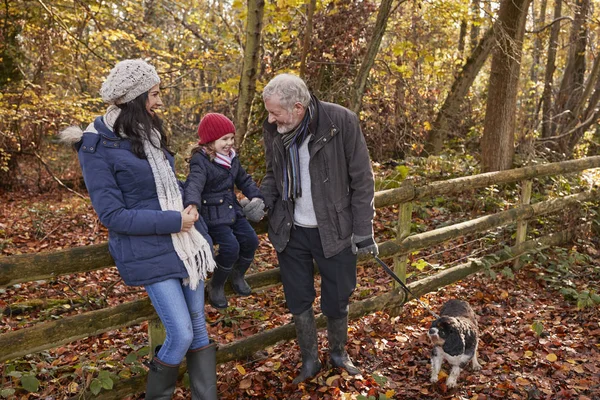Familie geht mit Hund spazieren — Stockfoto