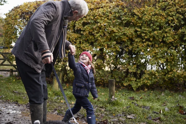 Grand-père et petite-fille prenant le chien pour la promenade Image En Vente