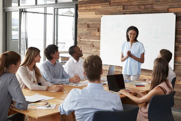 Kvinna står adressering kollegor vid möte — Stockfoto