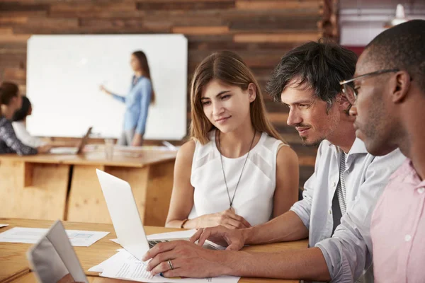 Colleagues work together at laptop — Stock Photo, Image