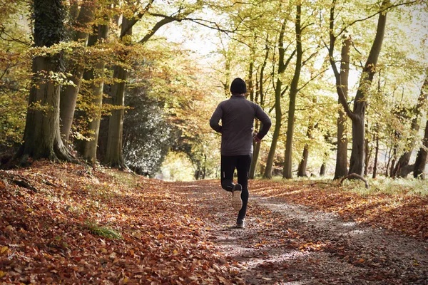 Muž běží přes lesy na podzim — Stock fotografie