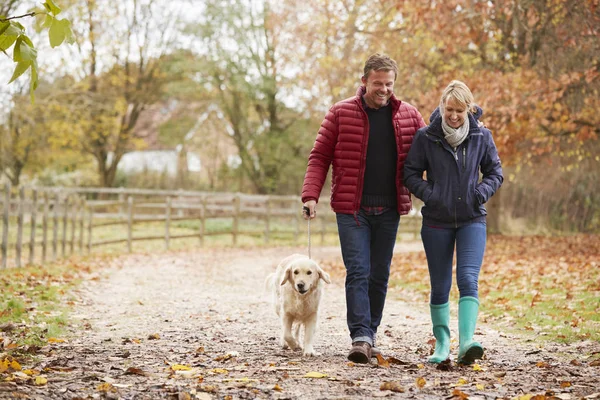 Par på hösten promenad med Labrador — Stockfoto