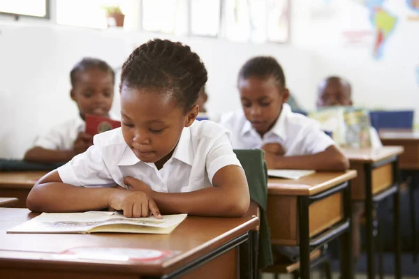 Colegiala leyendo en el escritorio — Foto de Stock