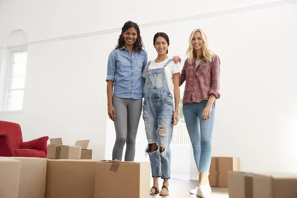 Amigos femininos em pé na nova casa — Fotografia de Stock