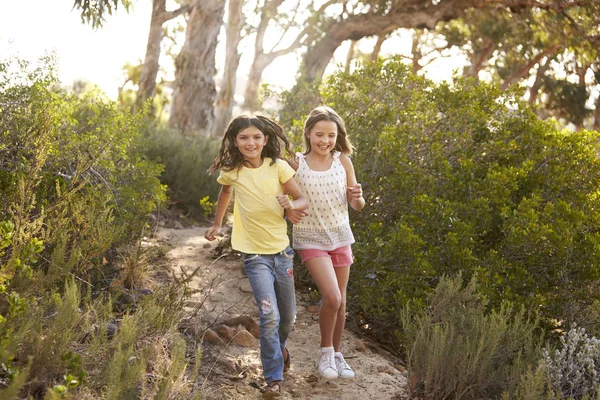 Дві усміхнені молоді дівчата біжать — стокове фото