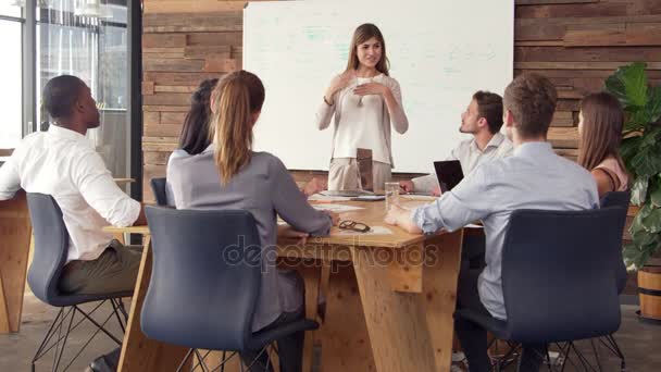 Woman giving presentation to colleagues — Stock Video