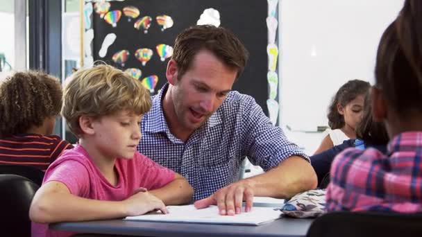 Teacher and schoolboy looking at notebook — Stock Video