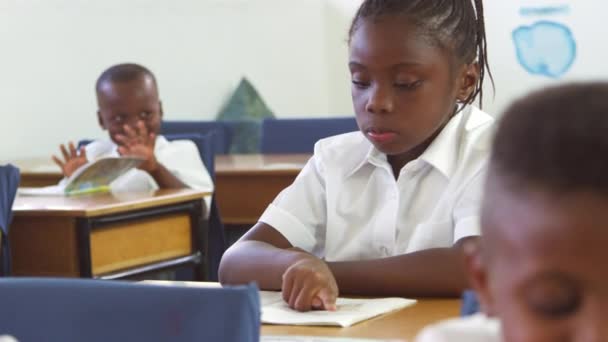 Colegiala lectura libro en la escuela clase — Vídeo de stock