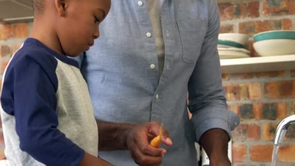 Hijo ayudando a padre a preparar verduras — Vídeos de Stock