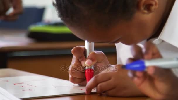 Teacher cleaning whiteboard of schoolgirl — Stock Video