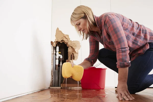 Worried woman mopping up water — Stock Photo, Image