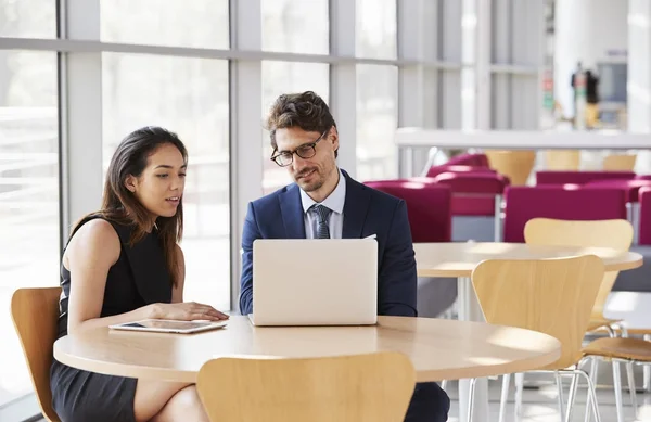 Affärskvinna och affärsman tittar på laptop — Stockfoto