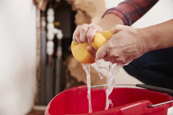 Woman wringing water out of a sponge — Stock Photo, Image
