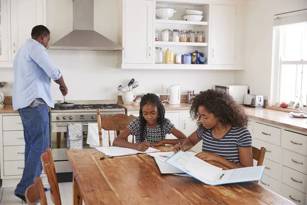 Hijas sentadas en la mesa haciendo tareas —  Fotos de Stock