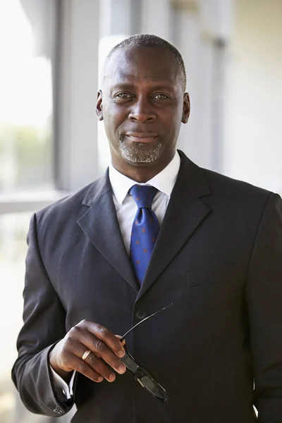 Businessman holding glasses looking to camera — Stock Photo, Image