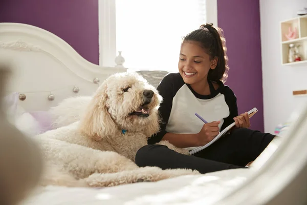 Junges Teenie Mädchen Macht Hausaufgaben Auf Ihrem Bett Mit Hund — Stockfoto