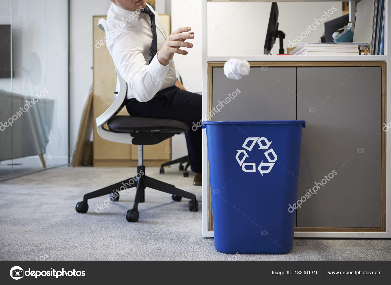 Man Desk Throwing Ed Paper Recycling Bin Stock Photo Man Desk Throwing Ed Paper Recycling Bin Stock Photo