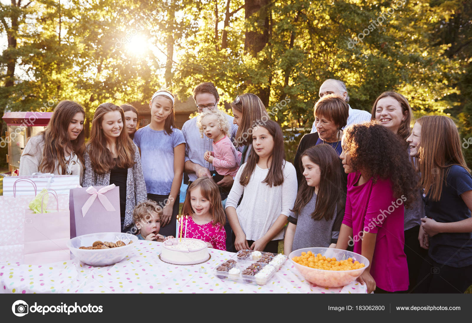 Friends Family Garden Celebrating Child Birthday Stock Friends Family Garden Celebrating Child Birthday Stock