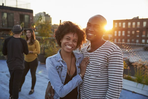 Young Black Couple Embracing Rooftop Party — Stock Photo, Image