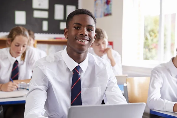 Portrait Male Pupil Uniform Using Laptop Classroom — Stock Photo, Image